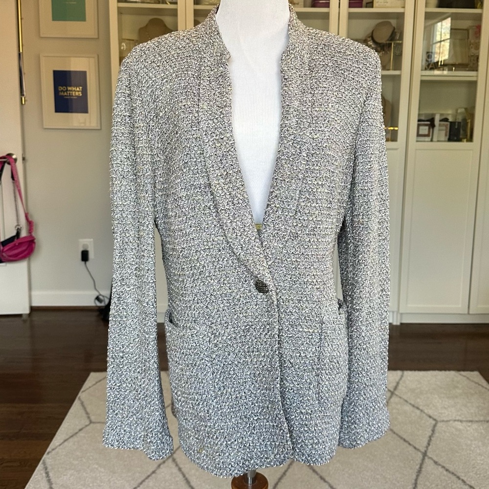 EUC St. John Collection Alexandria One-Button Jacket in cloud/frost/caviar multi